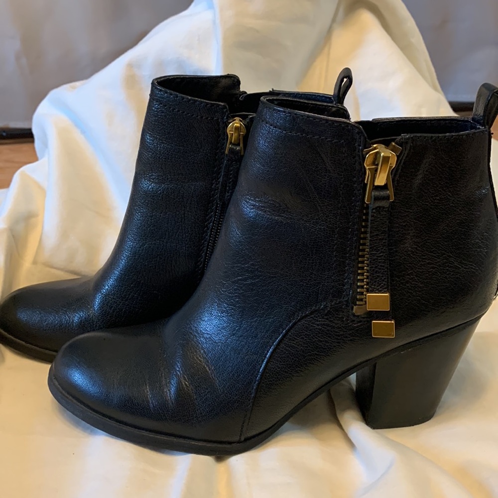 Franco Sarto Black Leather Heeled Boots with Gold Accents